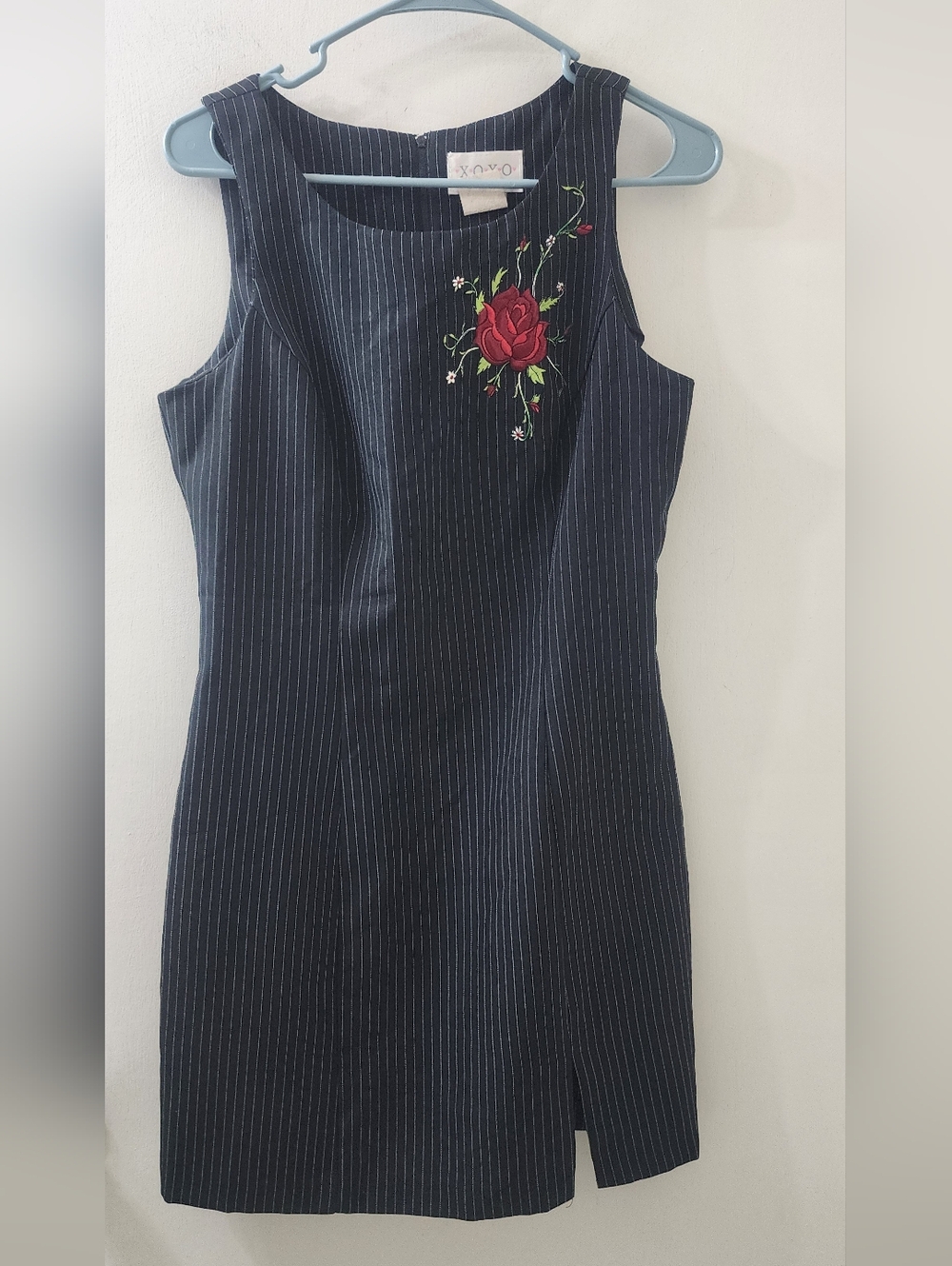 XOXO Navy Pinstripe Dress with Red Rose Embroidery